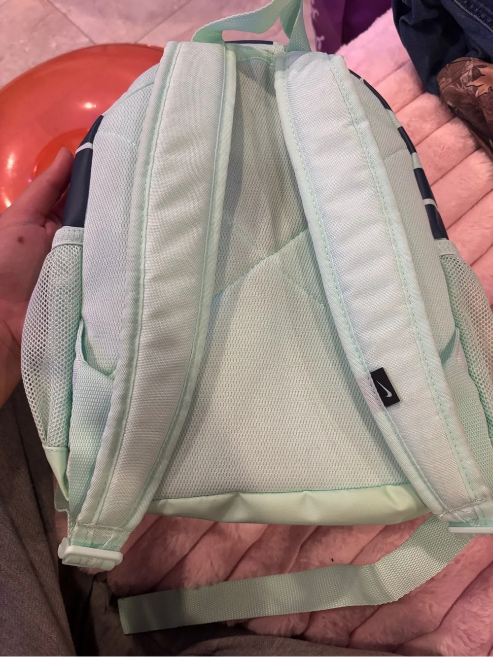 Nike Mint Green Backpack with Navy Logo and Accent Panels